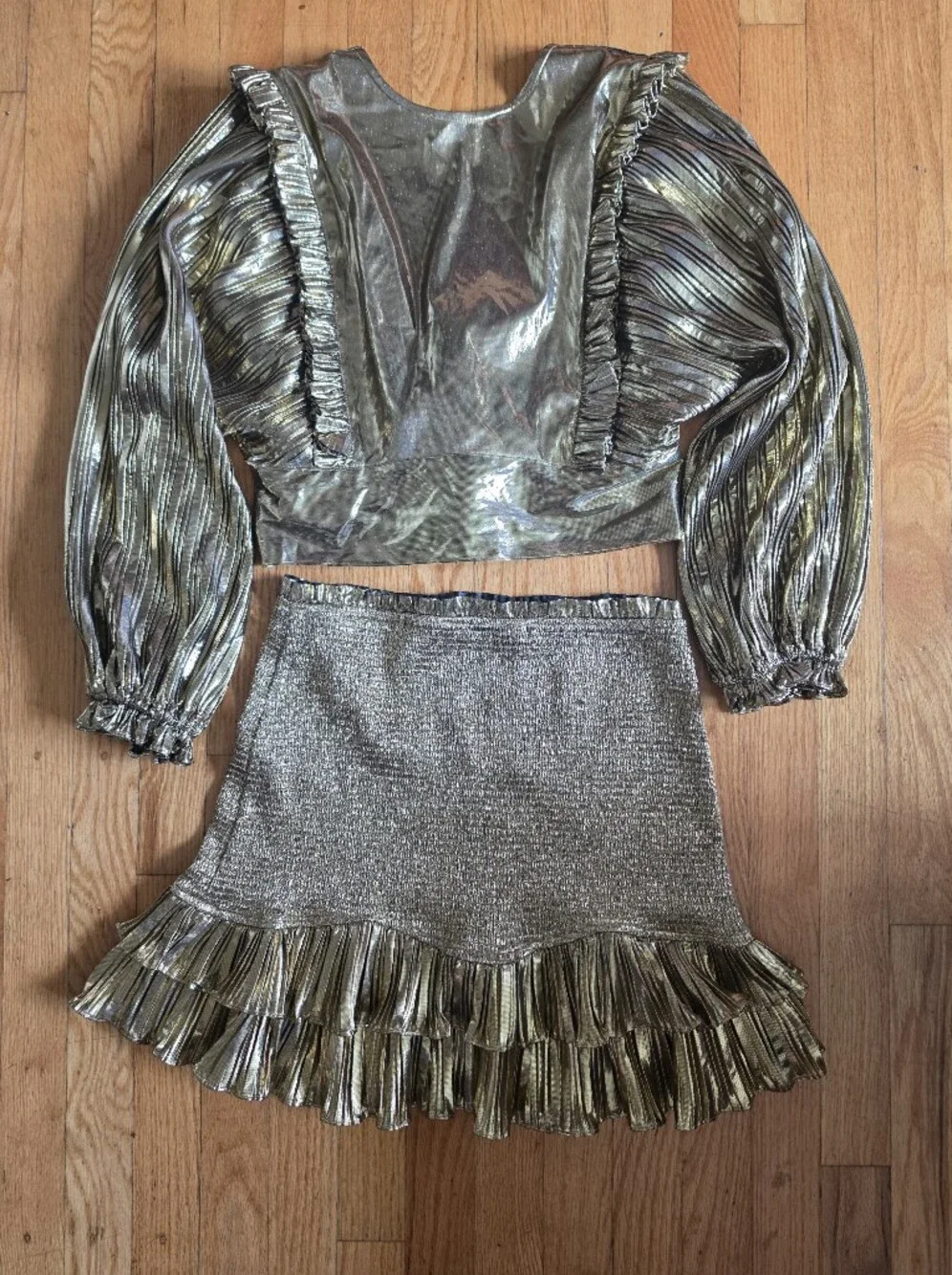 LoveShackFancy Missy Shine Crop Top & Nolita Skirt Set Metallic Gold Sz M